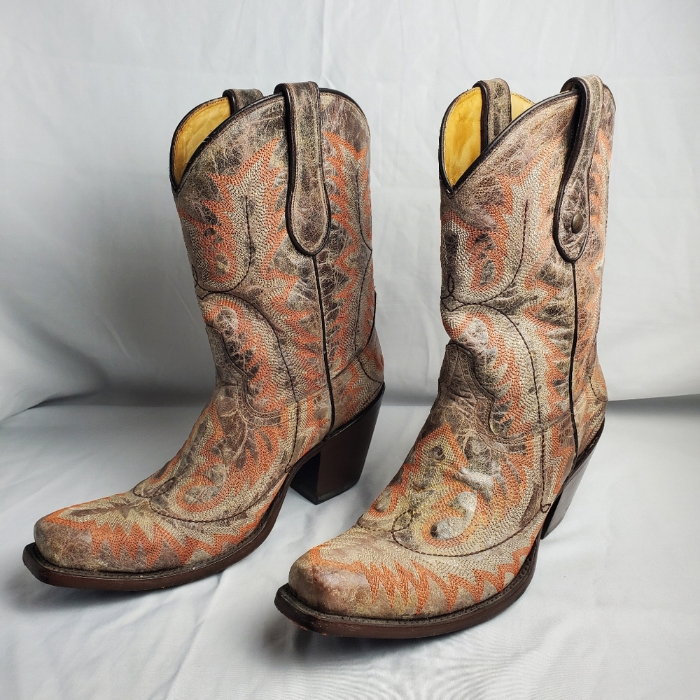 Corral Western Cowboy Boots with Orange and Brown Pattern Size 7 - Picture 3 of 10